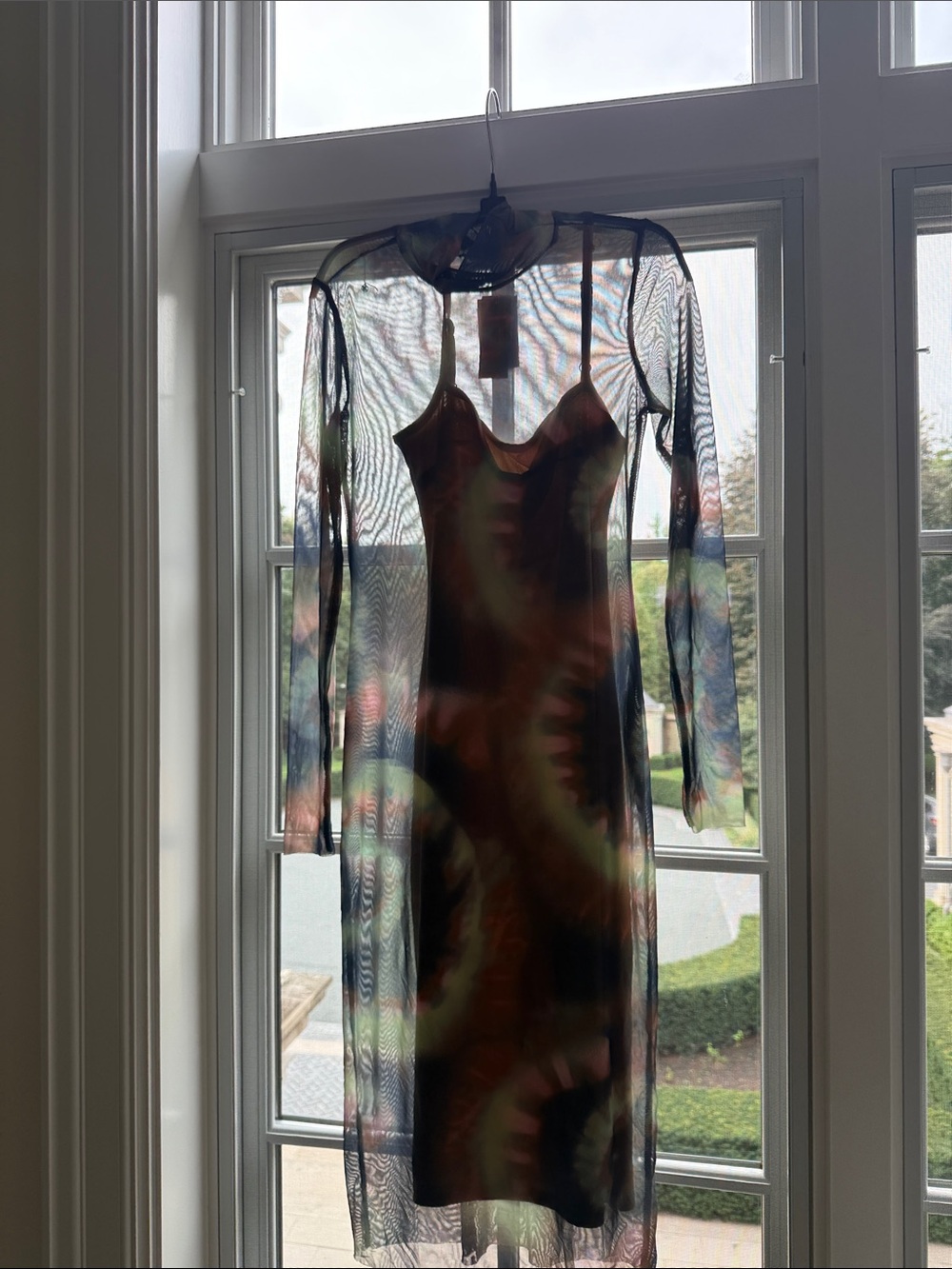 AFRM Sheer Long-Sleeve Slip Dress in Black with Multicolor Swirl
